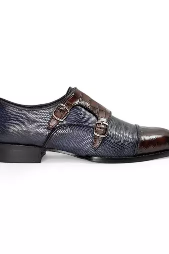 Navy and brown komodo leather monkstraps