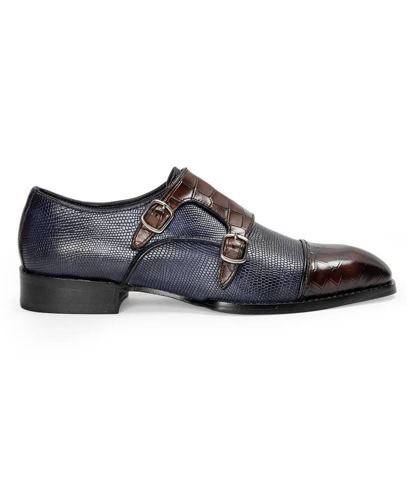 Navy and brown komodo leather monkstraps