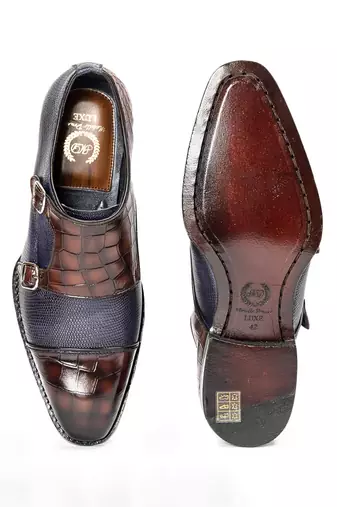 Navy and brown komodo leather monkstraps