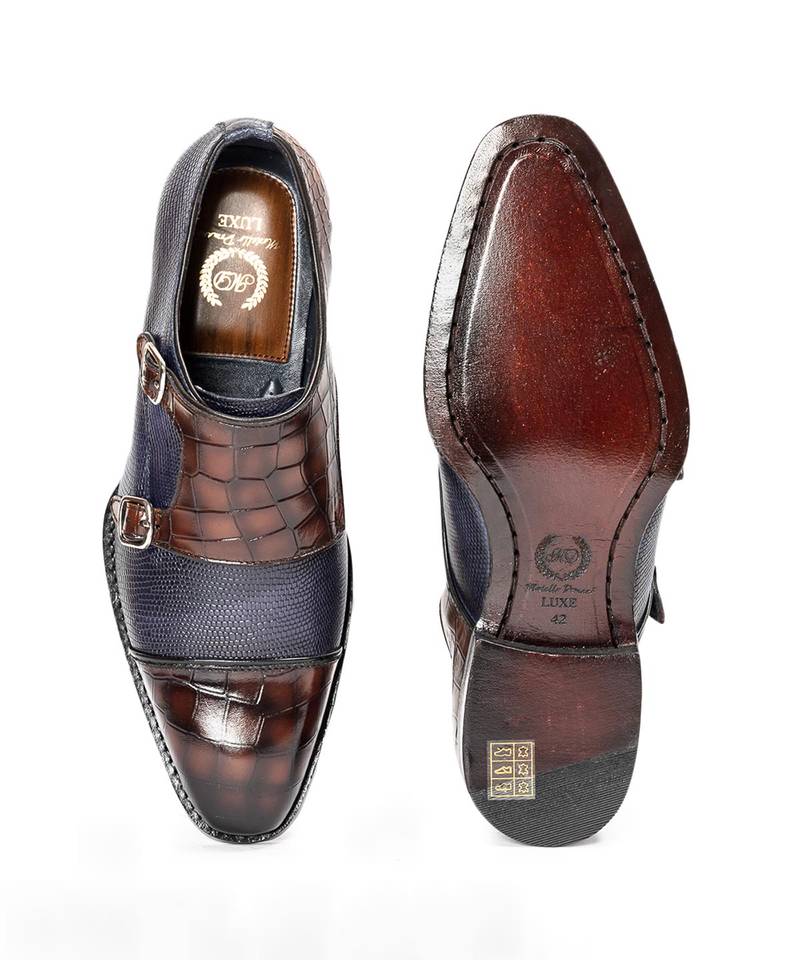 Navy and brown komodo leather monkstraps