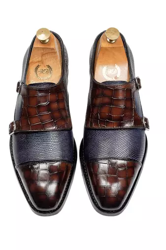 Navy and brown komodo leather monkstraps