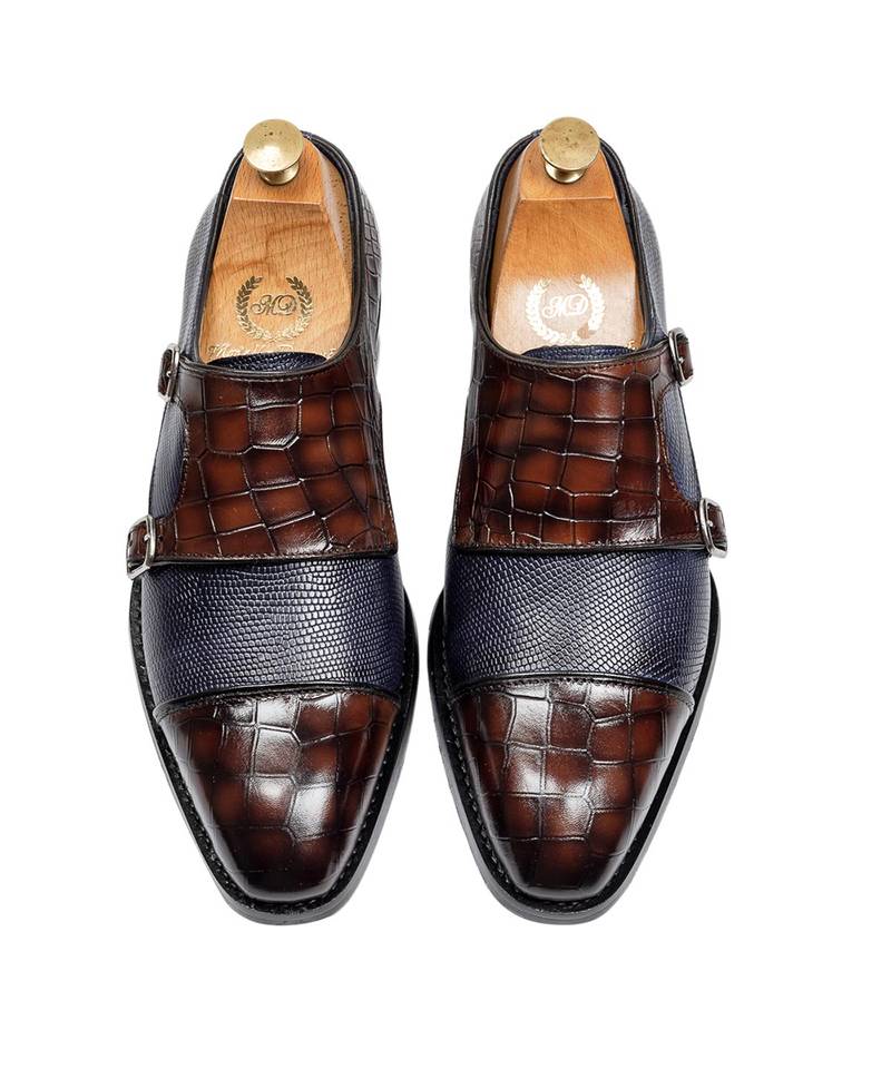 Navy and brown komodo leather monkstraps