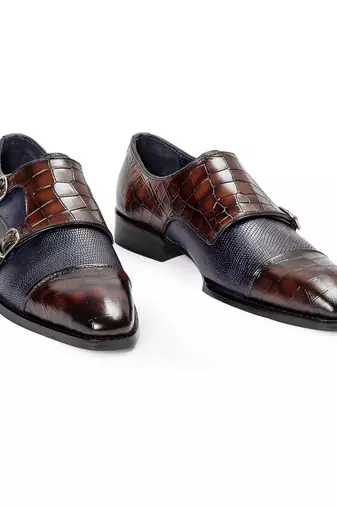 Navy and brown komodo leather monkstraps
