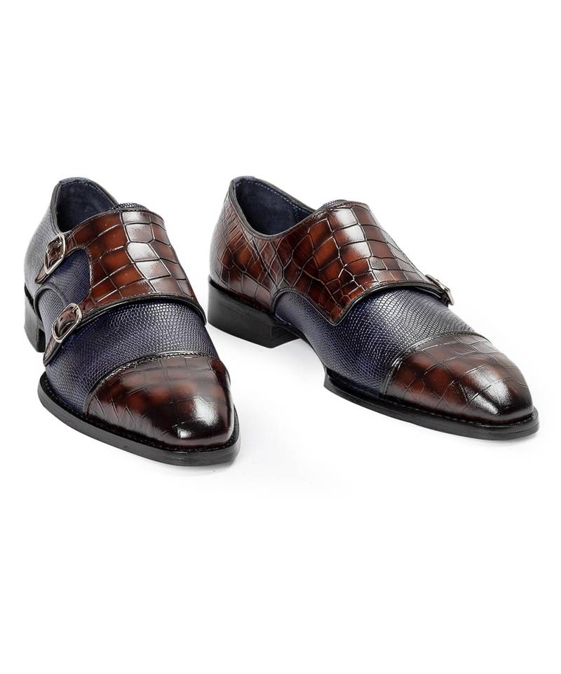 Navy and brown komodo leather monkstraps