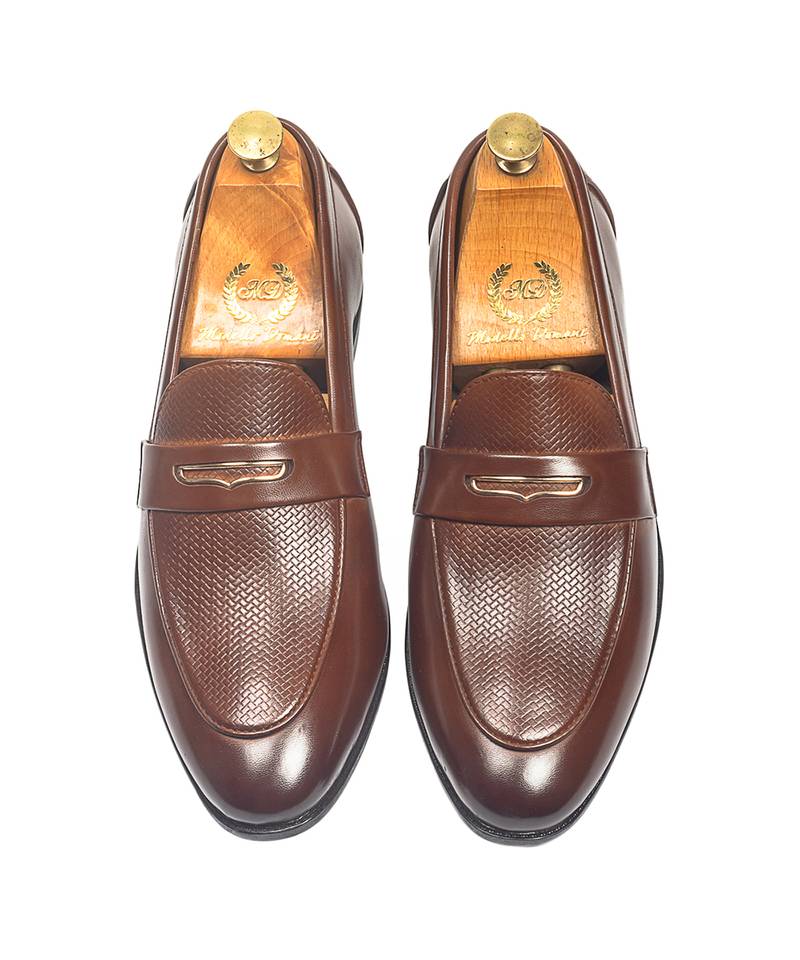 Chocolate brown synthetic textured slipons