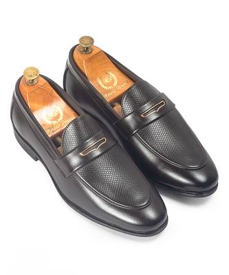 Dark brown synthetic textured slipons 1
