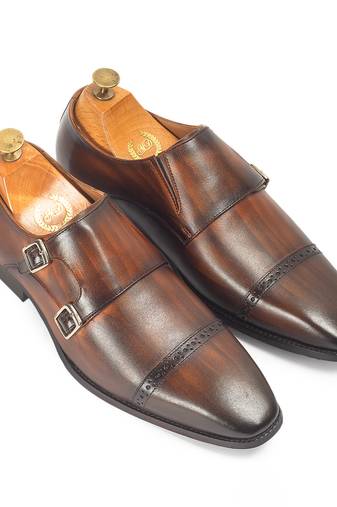 Tan brown wellington patina leather monkstraps