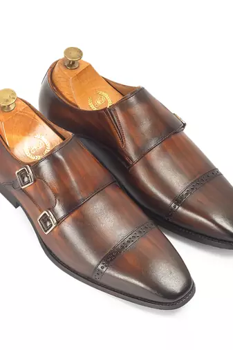 Tan brown wellington patina leather monkstraps