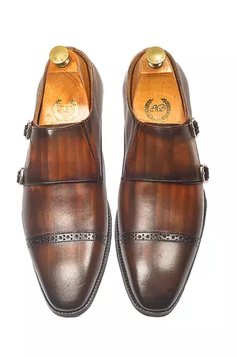 Tan brown wellington patina leather monkstraps