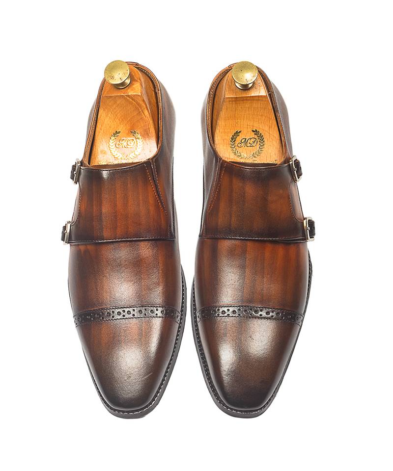 Tan brown wellington patina leather monkstraps