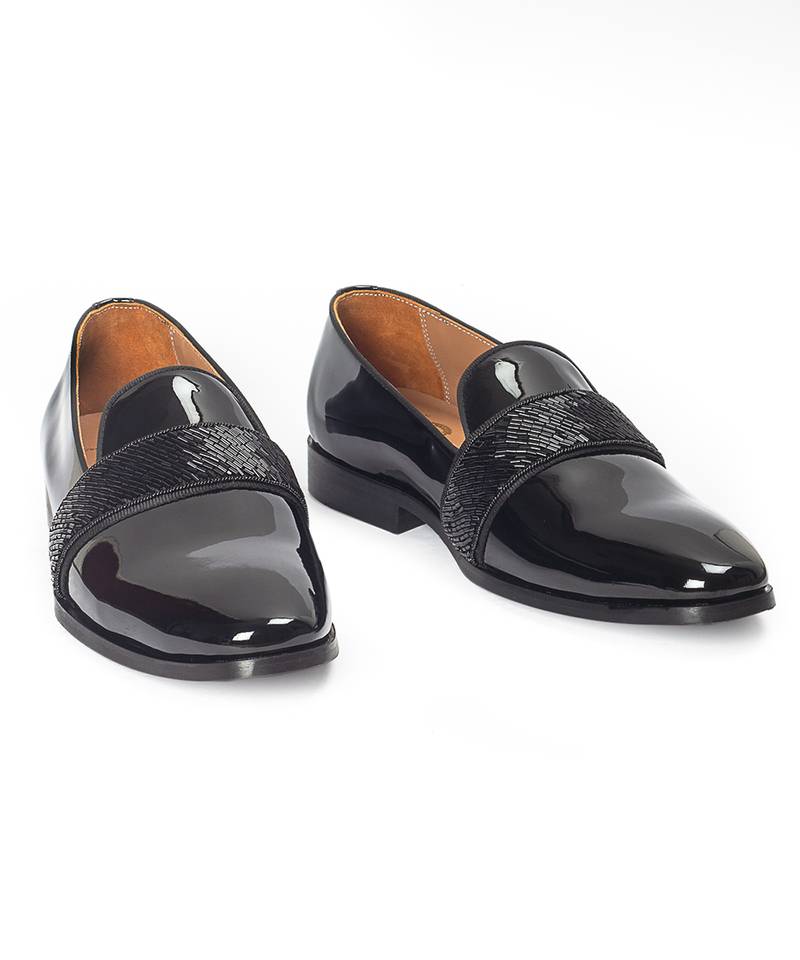 Black patent embelished leather slipons