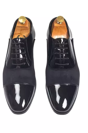 Black patent velvet leather oxfords