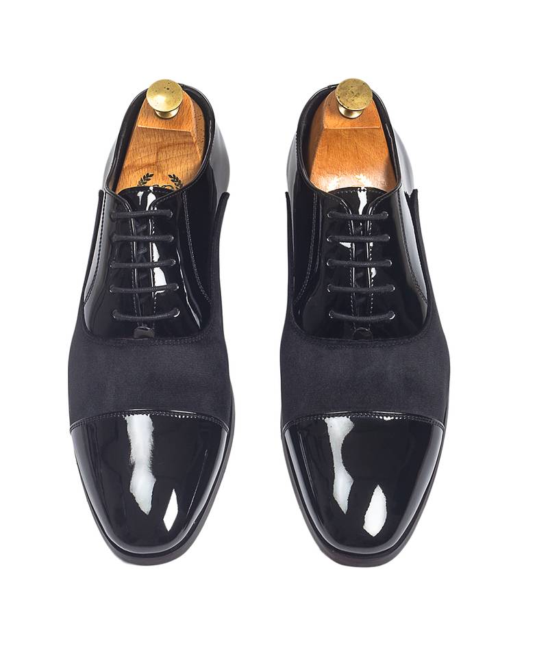 Black patent velvet leather oxfords