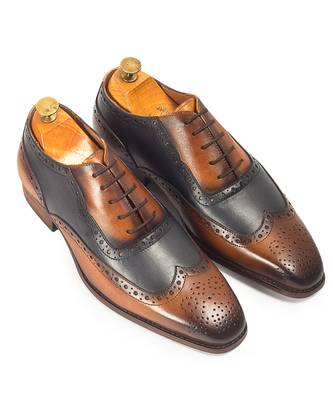 Tan brown navy patina leather shoes 1