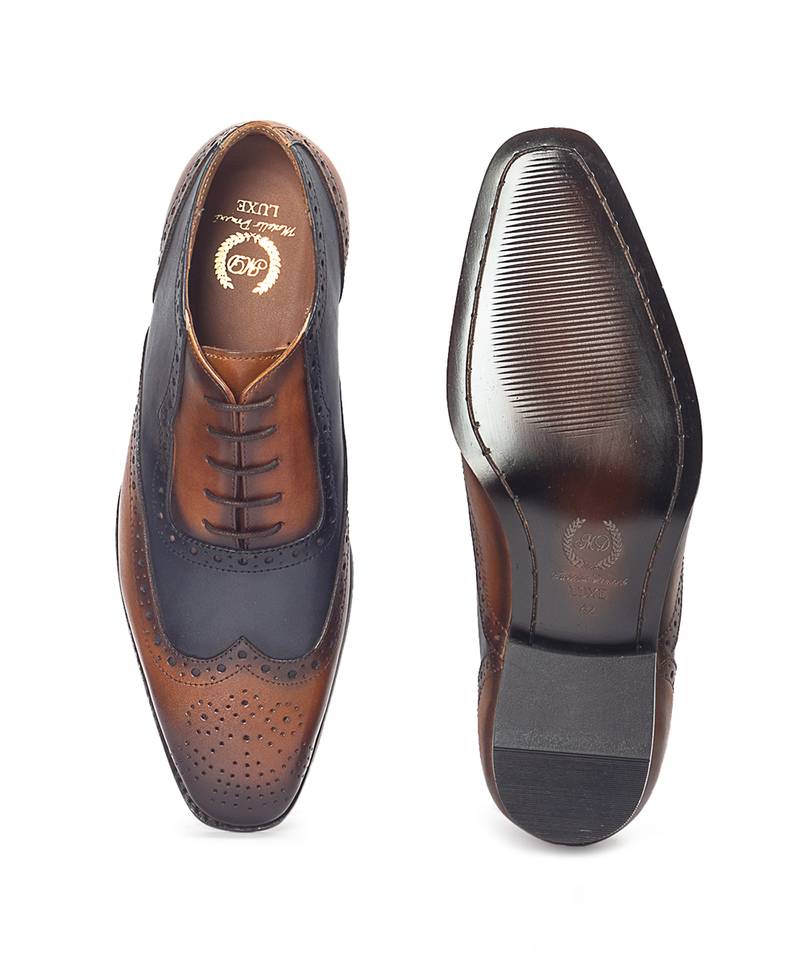 Tan brown navy patina leather shoes