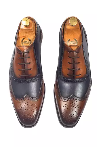 Tan brown navy patina leather shoes