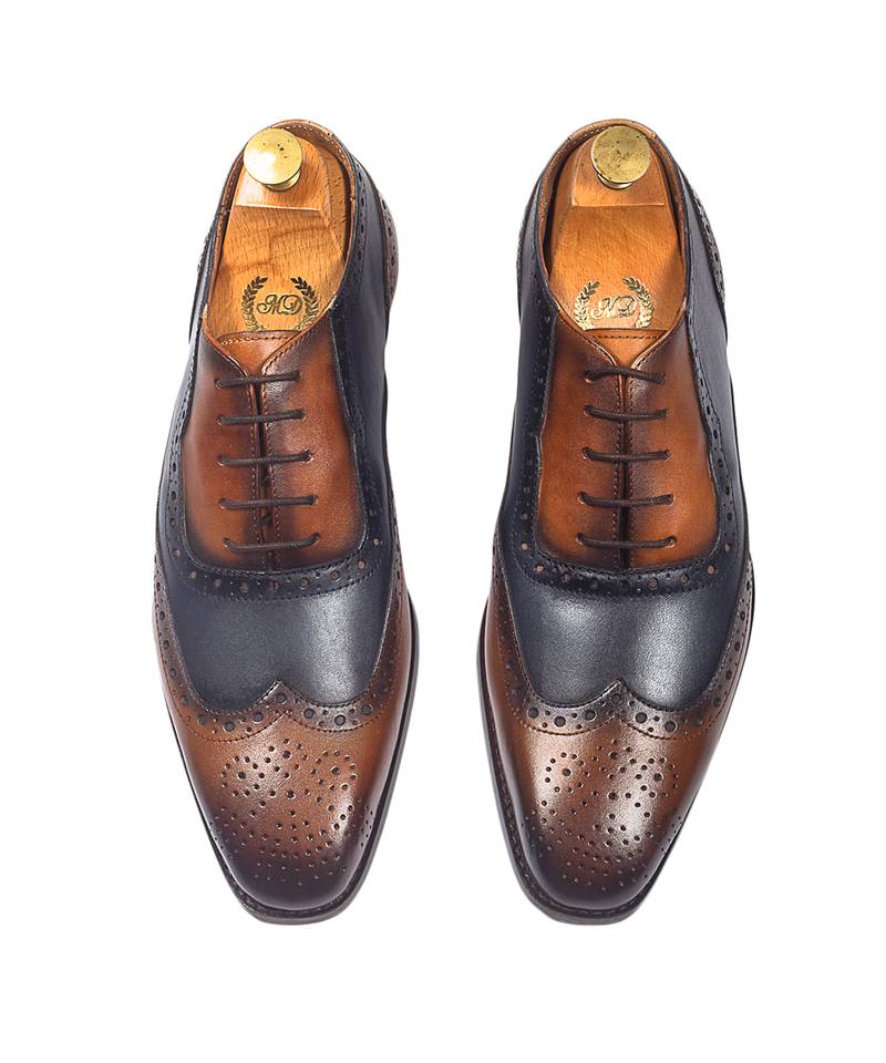 Tan brown navy patina leather shoes