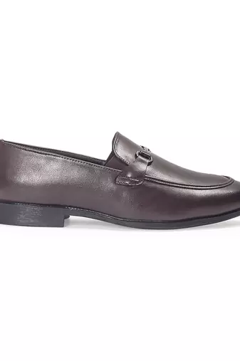 Brown synthetic buckle slipons