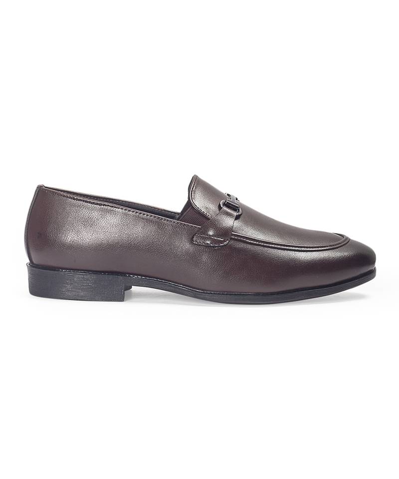 Brown synthetic buckle slipons