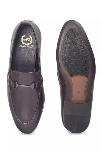 Brown synthetic buckle slipons