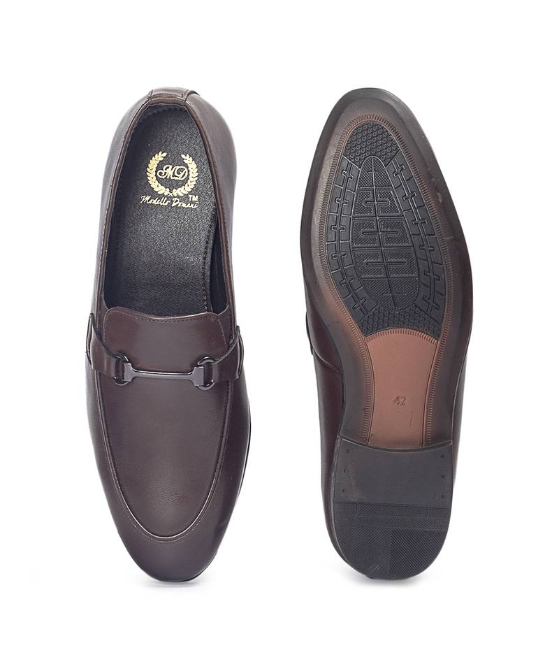Brown synthetic buckle slipons