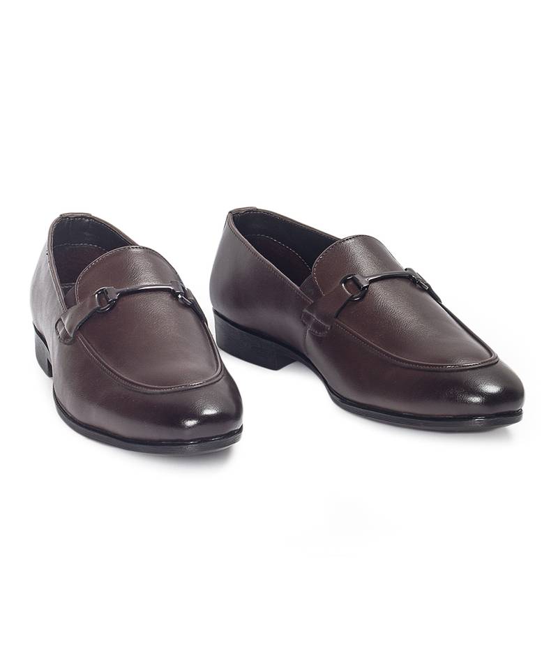 Brown synthetic buckle slipons