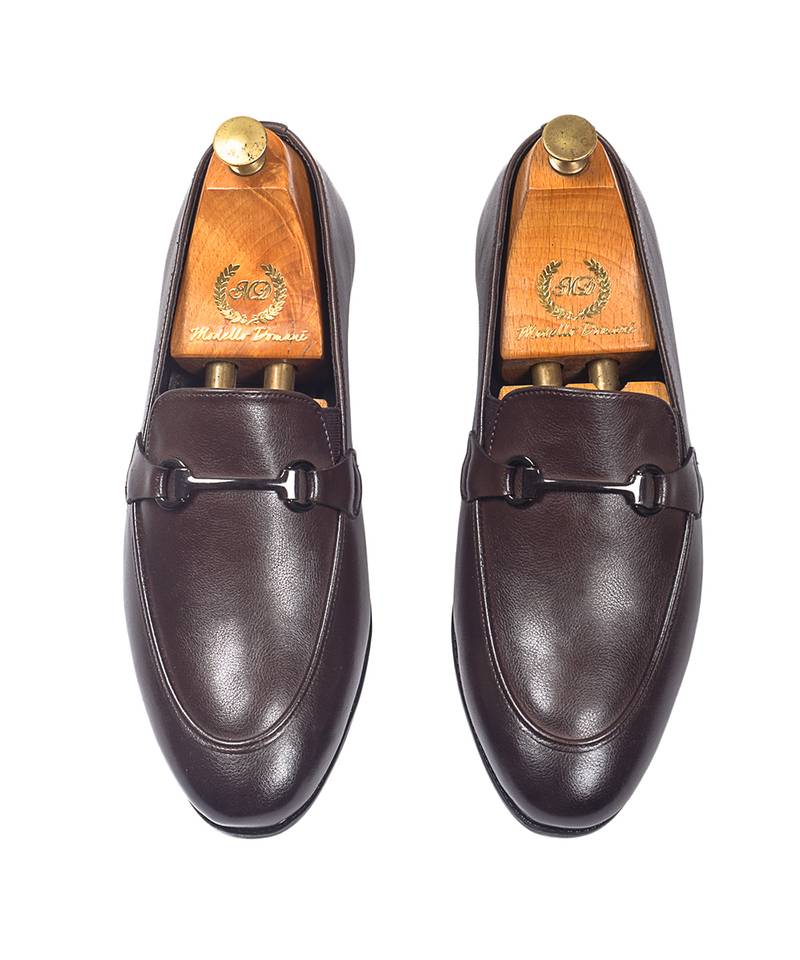 Brown synthetic buckle slipons