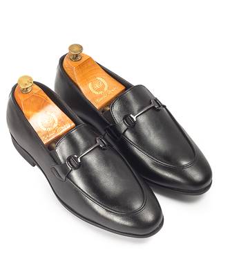 Black synthetic buckle slipons 1