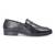 Black synthetic buckle slipons