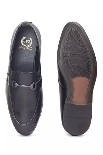 Black synthetic buckle slipons