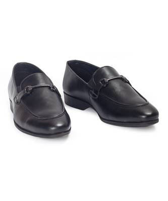Black synthetic buckle slipons 4