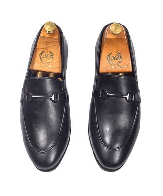 Black synthetic buckle slipons 5