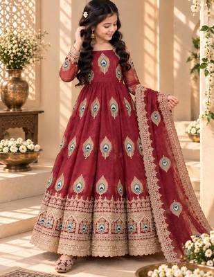 Heavy fendy silk blend  embroidery thred and sequnce work maroon readymade ethnic gown 1