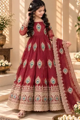 Heavy fendy silk blend  embroidery thred and sequnce work maroon readymade ethnic gown