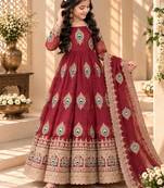 Heavy fendy silk blend  embroidery thred and sequnce work maroon readymade ethnic gown