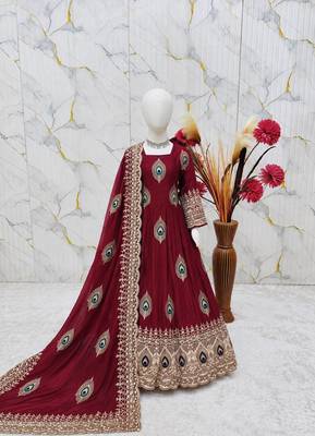 Heavy fendy silk blend  embroidery thred and sequnce work maroon readymade ethnic gown 2