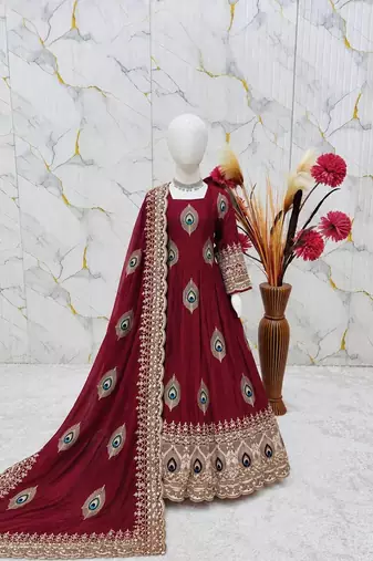 Heavy fendy silk blend  embroidery thred and sequnce work maroon readymade ethnic gown