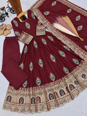 Heavy fendy silk blend  embroidery thred and sequnce work maroon readymade ethnic gown 3