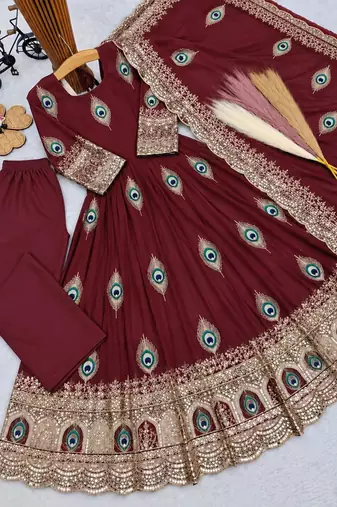 Heavy fendy silk blend  embroidery thred and sequnce work maroon readymade ethnic gown