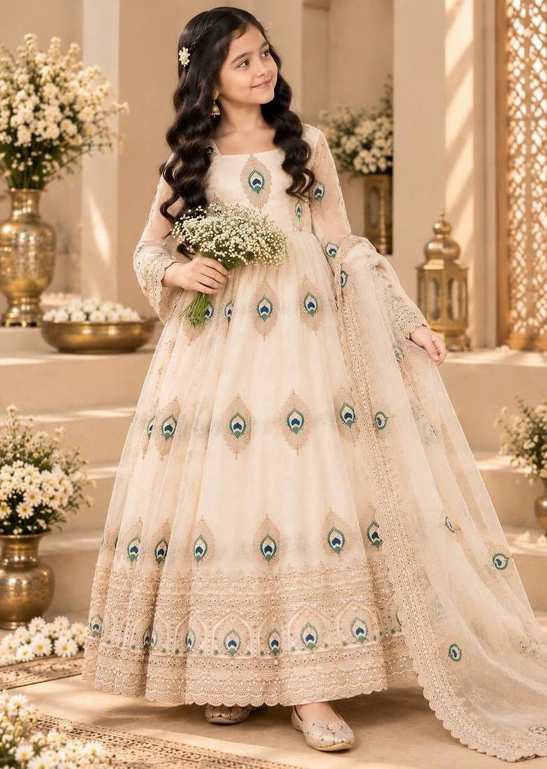 Heavy fendy silk blend embroidery thred and sequnce work off white readymade ethnic gown