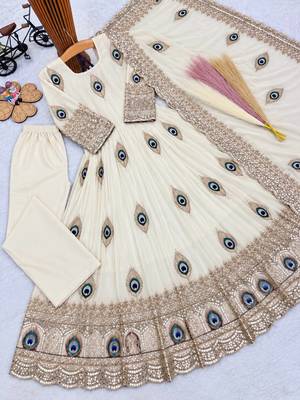 Heavy fendy silk blend embroidery thred and sequnce work off white readymade ethnic gown 3