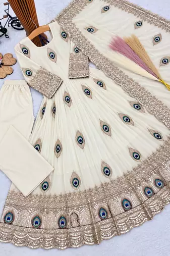 Heavy fendy silk blend embroidery thred and sequnce work off white readymade ethnic gown