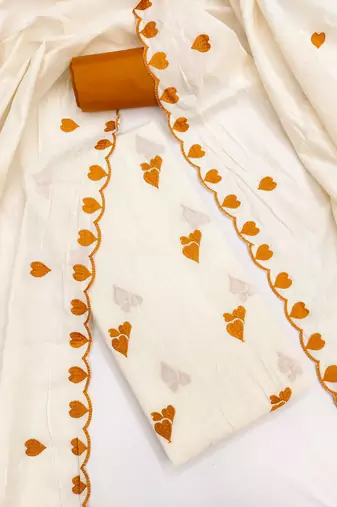 white unstitched thread embroidery with embroidered dupatta cambric dress material