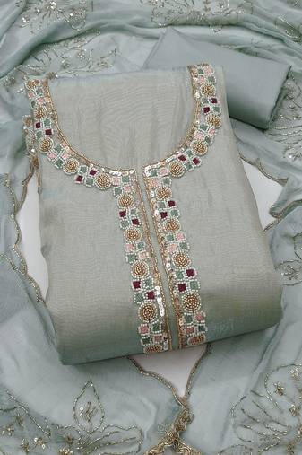 grey unstitched handwork with embroidered dupatta salsa dress material