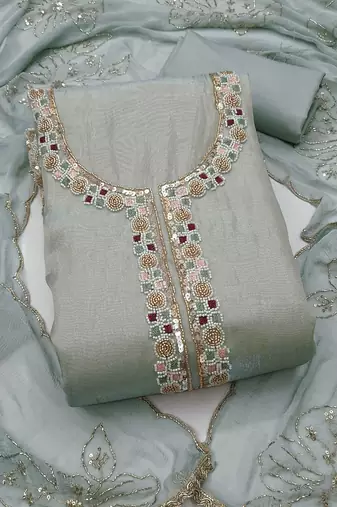 grey unstitched handwork with embroidered dupatta salsa dress material