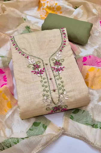 beige unstitched handwork with woven dupatta jamdani banarasi dress material