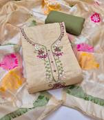 beige unstitched handwork with woven dupatta jamdani banarasi dress material