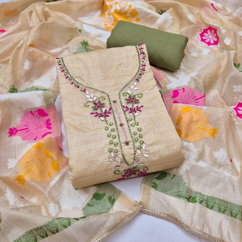 beige unstitched handwork with woven dupatta jamdani banarasi dress material