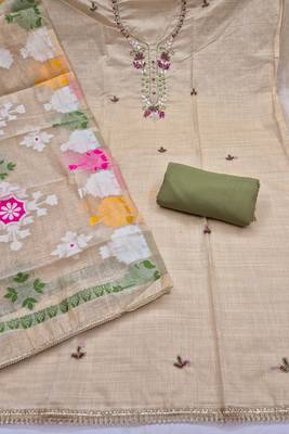 beige unstitched handwork with woven dupatta jamdani banarasi dress material 2