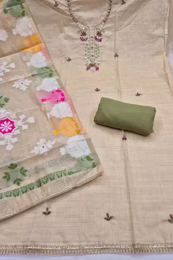 beige unstitched handwork with woven dupatta jamdani banarasi dress material